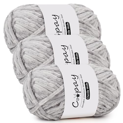Coopay Chenille Wolle zum Häkeln, 3x100g Samtig Chenillegarn, Dicke Flauschige Weich Chenille Garn, Chenille Wolle, Weicher Plüschwolle Häkelgarn für Decken, Schals - Hellgrau Coopay Chenille Wolle zum Häkeln, 3x100g Samtig Chenillegarn, Dicke Flauschige Weich Chenille Garn, Chenille Wolle, Weicher Plüschwolle Häkelgarn für Decken, Schals - Hellgrau von Coopay