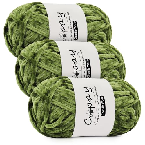 Coopay Chenille Wolle zum Häkeln, 3x100g Samtig Chenillegarn, Dicke Flauschige Weich Chenille Garn, Chenille Wolle, Weicher Plüschwolle Häkelgarn für Decken, Schals - Olivgrün Coopay Chenille Wolle zum Häkeln, 3x100g Samtig Chenillegarn, Dicke Flauschige Weich Chenille Garn, Chenille Wolle, Weicher Plüschwolle Häkelgarn für Decken, Schals - Olivgrün von Coopay