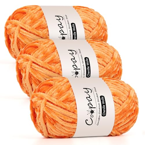 Coopay Chenille Wolle zum Häkeln, 3x100g Samtig Chenillegarn, Dicke Flauschige Weich Chenille Garn, Chenille Wolle, Weicher Plüschwolle Häkelgarn für Decken, Schals - Orange Coopay Chenille Wolle zum Häkeln, 3x100g Samtig Chenillegarn, Dicke Flauschige Weich Chenille Garn, Chenille Wolle, Weicher Plüschwolle Häkelgarn für Decken, Schals - Orange von Coopay