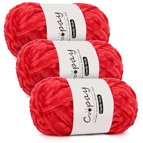 Coopay Chenille Wolle zum Häkeln, 3x100g Samtig Chenillegarn, Dicke Flauschige Weich Chenille Garn, Chenille Wolle, Weicher Plüschwolle Häkelgarn für Decken, Schals - Rot Coopay Chenille Wolle zum Häkeln, 3x100g Samtig Chenillegarn, Dicke Flauschige Weich Chenille Garn, Chenille Wolle, Weicher Plüschwolle Häkelgarn für Decken, Schals - Rot von Coopay