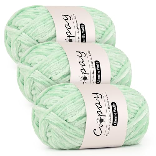 Coopay Chenille Wolle zum Häkeln, 3x100g Samtig Chenillegarn, Dicke Flauschige Weich Chenille Garn, Chenille Wolle, Weicher Plüschwolle Häkelgarn für Decken, Schals - Süßwassergrün von Coopay