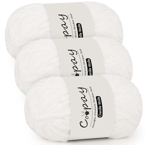 Coopay Chenille Wolle zum Häkeln, 3x100g Samtig Chenillegarn, Dicke Flauschige Weich Chenille Garn, Chenille Wolle, Weicher Plüschwolle Häkelgarn für Decken, Schals - Weiß Coopay Chenille Wolle zum Häkeln, 3x100g Samtig Chenillegarn, Dicke Flauschige Weich Chenille Garn, Chenille Wolle, Weicher Plüschwolle Häkelgarn für Decken, Schals - Weiß von Coopay