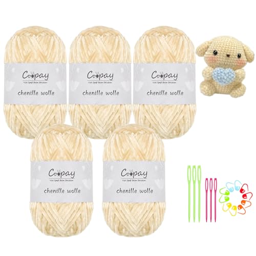 Coopay Chenille Wolle zum Häkeln, 5x100g Samtig Chenillegarn, Flauschige Weich Chenille Garn, Chenille Wolle mit Häkelzubehör, Weicher Plüschwolle Häkelgarn für Decken, Schals - Beige Coopay Chenille Wolle zum Häkeln, 5x100g Samtig Chenillegarn, Flauschige Weich Chenille Garn, Chenille Wolle mit Häkelzubehör, Weicher Plüschwolle Häkelgarn für Decken, Schals - Beige von Coopay