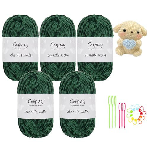 Coopay Chenille Wolle zum Häkeln, 5x100g Samtig Chenillegarn, Flauschige Weich Chenille Garn, Chenille Wolle mit Häkelzubehör, Weicher Plüschwolle Häkelgarn für Decken, Schals - Dunkelgrün Coopay Chenille Wolle zum Häkeln, 5x100g Samtig Chenillegarn, Flauschige Weich Chenille Garn, Chenille Wolle mit Häkelzubehör, Weicher Plüschwolle Häkelgarn für Decken, Schals - Dunkelgrün von Coopay