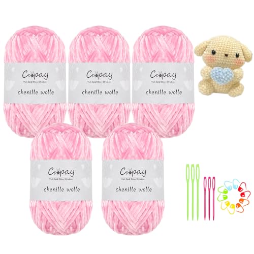 Coopay Chenille Wolle zum Häkeln, 5x100g Samtig Chenillegarn, Flauschige Weich Chenille Garn, Chenille Wolle mit Häkelzubehör, Weicher Plüschwolle Häkelgarn für Decken, Schals - Hell-Pink Coopay Chenille Wolle zum Häkeln, 5x100g Samtig Chenillegarn, Flauschige Weich Chenille Garn, Chenille Wolle mit Häkelzubehör, Weicher Plüschwolle Häkelgarn für Decken, Schals - Hell-Pink von Coopay