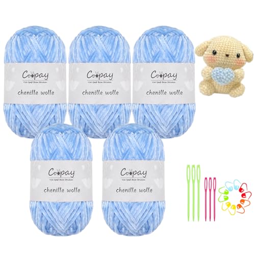 Coopay Chenille Wolle zum Häkeln, 5x100g Samtig Chenillegarn, Flauschige Weich Chenille Garn, Chenille Wolle mit Häkelzubehör, Weicher Plüschwolle Häkelgarn für Decken, Schals - Hellblau Coopay Chenille Wolle zum Häkeln, 5x100g Samtig Chenillegarn, Flauschige Weich Chenille Garn, Chenille Wolle mit Häkelzubehör, Weicher Plüschwolle Häkelgarn für Decken, Schals - Hellblau von Coopay