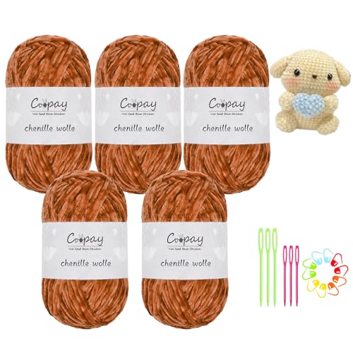 Coopay Chenille Wolle zum Häkeln, 5x100g Samtig Chenillegarn, Flauschige Weich Chenille Garn, Chenille Wolle mit Häkelzubehör, Weicher Plüschwolle Häkelgarn für Decken, Schals - Karamell Coopay Chenille Wolle zum Häkeln, 5x100g Samtig Chenillegarn, Flauschige Weich Chenille Garn, Chenille Wolle mit Häkelzubehör, Weicher Plüschwolle Häkelgarn für Decken, Schals - Karamell von Coopay