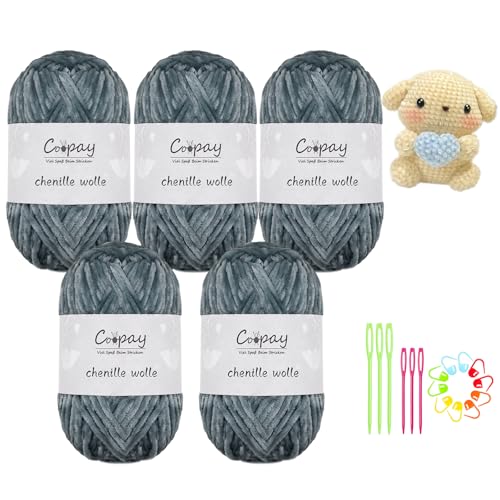 Coopay Chenille Wolle zum Häkeln, 5x100g Samtig Chenillegarn, Flauschige Weich Chenille Garn, Chenille Wolle mit Häkelzubehör, Weicher Plüschwolle Häkelgarn für Decken, Schals - Meerblau Coopay Chenille Wolle zum Häkeln, 5x100g Samtig Chenillegarn, Flauschige Weich Chenille Garn, Chenille Wolle mit Häkelzubehör, Weicher Plüschwolle Häkelgarn für Decken, Schals - Meerblau von Coopay