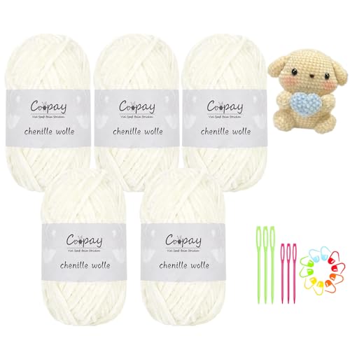 Coopay Chenille Wolle zum Häkeln, 5x100g Samtig Chenillegarn, Flauschige Weich Chenille Garn, Chenille Wolle mit Häkelzubehör, Weicher Plüschwolle Häkelgarn für Decken, Schals - Milchig Weiß Coopay Chenille Wolle zum Häkeln, 5x100g Samtig Chenillegarn, Flauschige Weich Chenille Garn, Chenille Wolle mit Häkelzubehör, Weicher Plüschwolle Häkelgarn für Decken, Schals - Milchig Weiß von Coopay