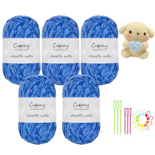 Coopay Chenille Wolle zum Häkeln, 5x100g Samtig Chenillegarn, Flauschige Weich Chenille Garn, Chenille Wolle mit Häkelzubehör, Weicher Plüschwolle Häkelgarn für Decken, Schals - Saphir Coopay Chenille Wolle zum Häkeln, 5x100g Samtig Chenillegarn, Flauschige Weich Chenille Garn, Chenille Wolle mit Häkelzubehör, Weicher Plüschwolle Häkelgarn für Decken, Schals - Saphir von Coopay
