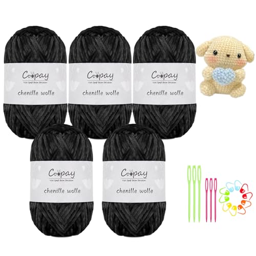 Coopay Chenille Wolle zum Häkeln, 5x100g Samtig Chenillegarn, Flauschige Weich Chenille Garn, Chenille Wolle mit Häkelzubehör, Weicher Plüschwolle Häkelgarn für Decken, Schals - Schwarz Coopay Chenille Wolle zum Häkeln, 5x100g Samtig Chenillegarn, Flauschige Weich Chenille Garn, Chenille Wolle mit Häkelzubehör, Weicher Plüschwolle Häkelgarn für Decken, Schals - Schwarz von Coopay