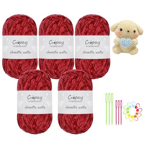 Coopay Chenille Wolle zum Häkeln, 5x100g Samtig Chenillegarn, Flauschige Weich Chenille Garn, Chenille Wolle mit Häkelzubehör, Weicher Plüschwolle Häkelgarn für Decken, Schals - Zwei Rote Coopay Chenille Wolle zum Häkeln, 5x100g Samtig Chenillegarn, Flauschige Weich Chenille Garn, Chenille Wolle mit Häkelzubehör, Weicher Plüschwolle Häkelgarn für Decken, Schals - Zwei Rote von Coopay