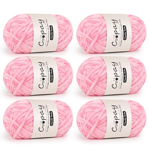 Coopay Chenille Wolle zum Häkeln, 6x100g Weiche Samtig Chenillegarn, Flauschige Dicke Wolle zum Stricken, Warme Plüschwolle Häkelgarn für Decken, Schals, Mützen - Rosa von Coopay