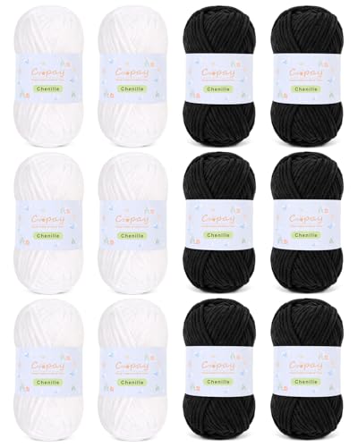 Coopay Chunkiges Chenille-Garn zum Häkeln und Stricken, 12 Stück, 50 g, CYC #5, 3,5 mm sperriges Samtgarn zum Häkeln, geeignet für Plüschtiere, Decken, Schals (schwarz und weiß) von Coopay