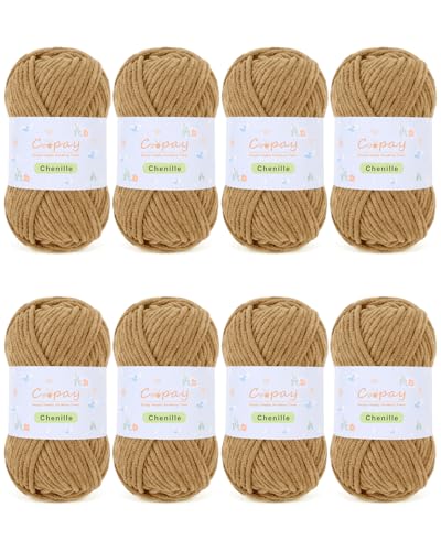 Coopay Chunky Chenille-Garn zum Häkeln und Stricken, 8 Stück, 50 g, CYC #5, 3,5 mm sperriges Samtgarn zum Häkeln, geeignet zum Basteln von Plüschtieren, Decken, Schals (braun) von Coopay