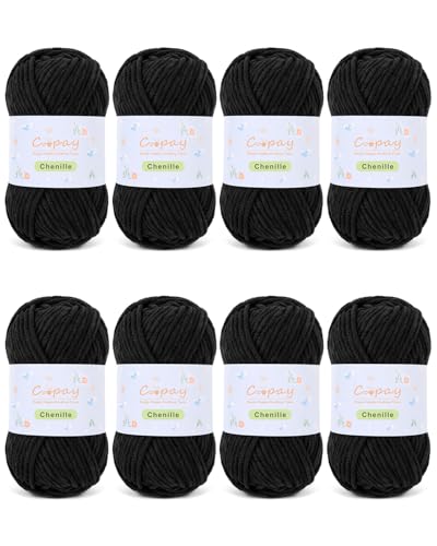 Coopay Chunky Chenille-Garn zum Häkeln und Stricken, 8 Stück, 50 g, CYC #5, 3,5 mm sperriges Samtgarn zum Häkeln, geeignet zum Basteln von Plüschtieren, Decken, Schals (schwarz) von Coopay