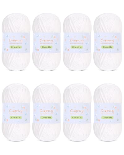 Coopay Chunky Chenille-Garn zum Häkeln und Stricken, 8 Stück, 50 g, CYC #5, 3,5 mm sperriges Samtgarn zum Häkeln, geeignet zum Basteln von Plüschtieren, Decken, Schals (weiß) von Coopay