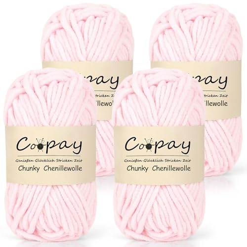 Coopay Dickes Garn zum Häkeln, 4 x 50g Chunky Wolle, Flauschige Dick Wolle zum Handstricken, Hellrosa von Coopay