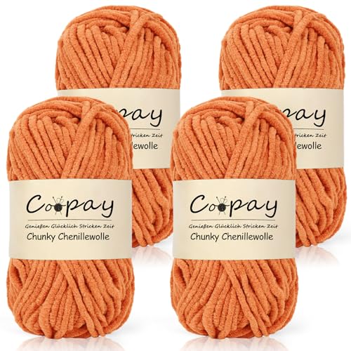 Coopay Wolle zum Häkeln,4 x 50g Chunky Wolle zum Häkeln Dickes Garn, Flauschige Dick Wolle zum Handstricken, Orange von Coopay