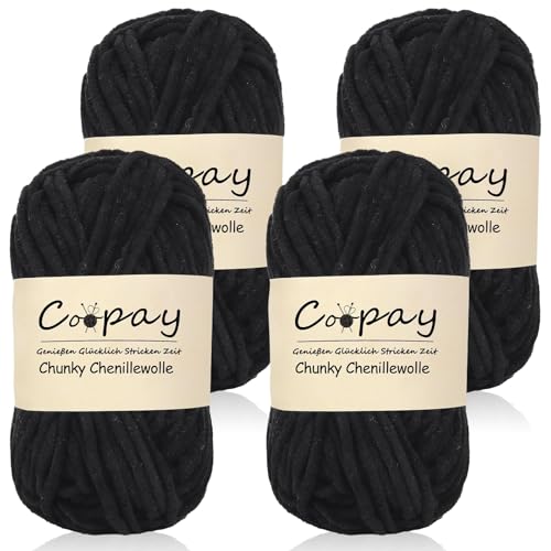 Coopay Wolle zum Häkeln,4 x 50g Chunky Wolle zum Häkeln Dickes Garn, Flauschige Dick Wolle zum Handstricken, Schwarz Coopay Wolle zum Häkeln,4 x 50g Chunky Wolle zum Häkeln Dickes Garn, Flauschige Dick Wolle zum Handstricken, Schwarz von Coopay