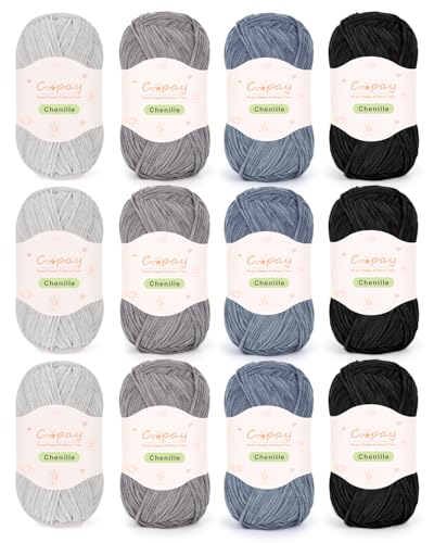 Coopay Dünnes Chenille-Garn zum Häkeln und Stricken, 12 Stück, 50 g, 147 Yards, grau-schwarzes Garn, geeignet für Bastelarbeiten und DIY-Puppen, superweiches Polyester Coopay Dünnes Chenille-Garn zum Häkeln und Stricken, 12 Stück, 50 g, 147 Yards, grau-schwarzes Garn, geeignet für Bastelarbeiten und DIY-Puppen, superweiches Polyester von Coopay