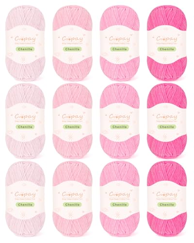 Coopay Dünnes Chenille-Garn zum Häkeln und Stricken, 12 Stück, 50 g, 147 Yards, rosa weiches Häkelgarn, geeignet für Bastelarbeiten und DIY-Puppen, superweiches Polyester von Coopay