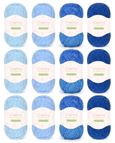 Coopay Dünnes Chenille-Garn zum Häkeln und Stricken, 12 Stück, 50 g, blaues, weiches Häkelgarn, geeignet für Bastelarbeiten und DIY-Puppen, superweiches Polyester von Coopay