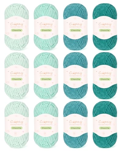 Coopay Dünnes Chenille-Garn zum Häkeln und Stricken, 12 Stück, 50 g, grünes weiches Häkelgarn, geeignet für Bastelarbeiten und DIY-Puppen, superweiches Polyester von Coopay
