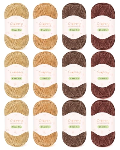 Coopay Dünnes Chenille-Garn zum Häkeln und Stricken, 12 Stück à 50 g, braunes weiches Häkelgarn, geeignet für Bastelarbeiten und DIY-Puppen, superweiches Polyester Coopay Dünnes Chenille-Garn zum Häkeln und Stricken, 12 Stück à 50 g, braunes weiches Häkelgarn, geeignet für Bastelarbeiten und DIY-Puppen, superweiches Polyester von Coopay