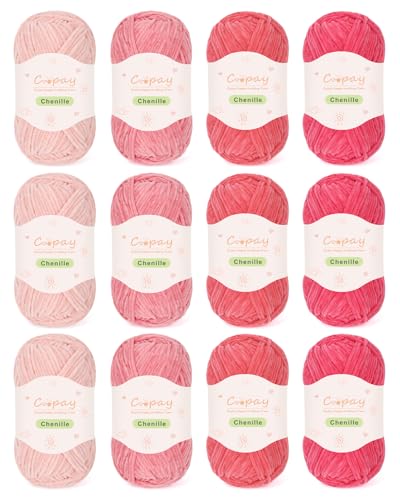 Coopay Dünnes Chenille-Garn zum Häkeln und Stricken, 12 Stück à 50 g, rotes weiches Häkelgarn, geeignet für Bastelarbeiten und DIY-Puppen, superweiches Polyester von Coopay