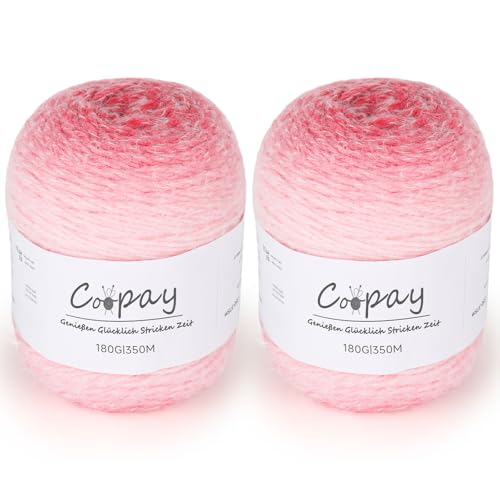 Coopay Farbverlauf Wolle zum Häkeln, 2 x 180g Flauschige Bunt Wolle zum Stricken, Weiches Häkelwolle mit Farbverlauf, Samtig Farbverlauf Häkelgarn, Premium Acrylwolle für Decke, Schal - Rosa von Coopay