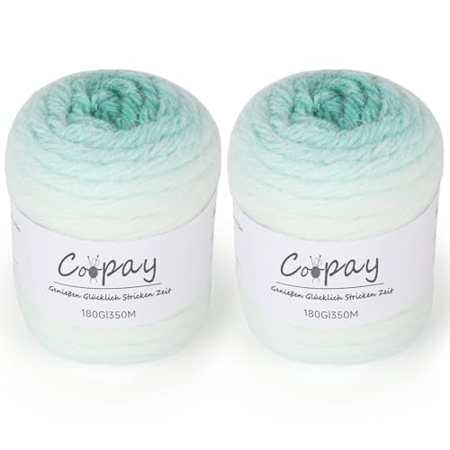 Coopay Farbverlauf Wolle zum Häkeln, 2 x 180g Flauschige Bunt Wolle zum Stricken, Weiches Häkelwolle mit Farbverlauf, Samtig Farbverlauf Häkelgarn, Premium Acrylwolle für Decke, Schal - Minze von Coopay