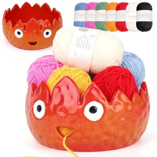Coopay Flammgarnschale zum Häkeln/Stricken, niedliche Garn-Aufbewahrungsschale mit 7 Garn, große Keramik-Garnschale, Häkel-Strickschale für Anfänger, tolles Strick- und Häkelgeschenk (17,8 cm) von Coopay