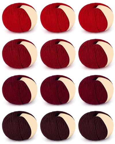Coopay Garn zum Häkeln, 12 Premium-Wollgarne – 98 % Wolle, 2 % Baumwolle, 50 g, 160 m – Häkelgarn für Kleidung, Schals, Decken, Schals (rote Familie) von Coopay