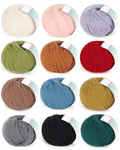 Coopay Garn zum Häkeln, 12 hochwertige Wollgarne – 98 % Wolle, 2 % Baumwolle, 100 g, 129 m, Häkelgarn für Kleidung, Schals, Decken, Schals (mehrfarbig) von Coopay