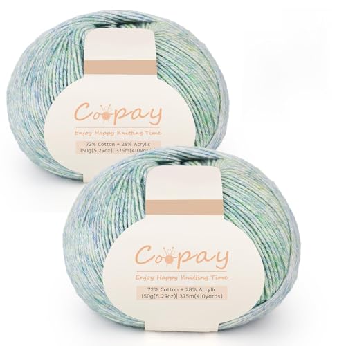 Coopay Garn zum Häkeln, 2 Packungen mit 150 g, Häkelgarn – 72 % Baumwolle, 28 % Acryl, weich zum Häkeln und Stricken, perfekt für Schals, Mützen, Socken, Decken, Grün von Coopay