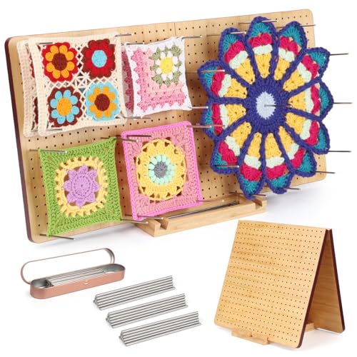 Coopay Granny Square Spanner 57x29cm, Faltbar Sperrbrett für Granny Square Groß, Bambus Blocking Board mit 40 Stabstiften(15cm) und Verstellbare Staffelei, Granny Squares Blocking Board Häkeln von Coopay