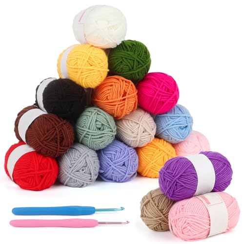 Coopay Häkelgarn-Set mit Häkelnadeln (3 mm + 4 mm), Acrylgarn für Häkeltiere, mehrfarbig, 4-lagig, weiches Garn-Set für Anfänger/Profis, 25 g x 18 Farben, Mini Size von Coopay