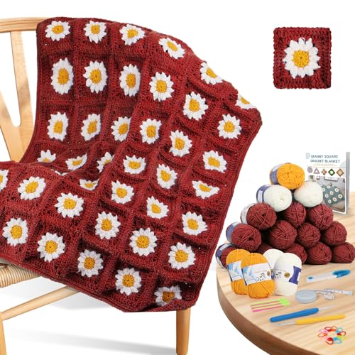 Coopay Häkelset Anfänger für Decke, Granny Squares Häkeldecke Kit mit Anleitung & genug Garn, komplettes Häkel-Starterset, einfaches Erlernen des Häkeldeckensets für Erwachsene (römisches Rot) von Coopay
