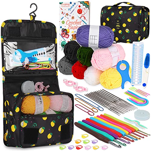 Coopay Häkelset für Anfänger, Verbessert Häkelnadel Set mit Wolle, Tasche, Häkelzubehör, Ergonomische Häkelnadeln mit Gummi Griff, Spitze Häkelnadeln, Tragbar Anfänger Häkelset Set mit Häkeltasche von Coopay