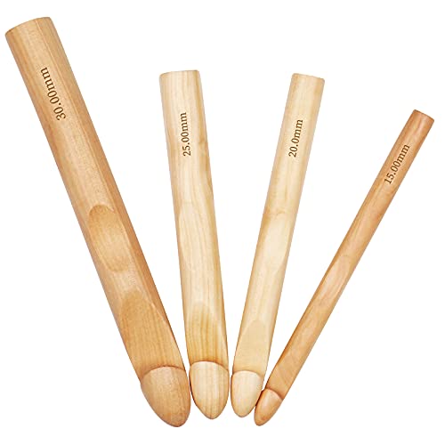 Coopay Jumbo Häkelnadel Set, 15mm 20mm 25mm 30mm Holz Häkelnadeln mit Daumengriff, Enorm Ergonomische Häkelnadel für Super Chunky Garn oder Stoffstreifen, Groß Robust Häkelnadeln Set für Anfänger von Coopay