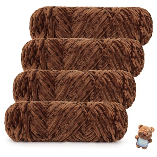 Coopay Samt Chenille Wolle, 400g (4x100g) Velvet Chenillegarn Wolle zum Häkeln&Stricken, Super Flauschige Weicher Babywolle für Kinder, Samtig Chenillewolle für Puppen, Schal, Decke - Dunkelkaramell von Coopay