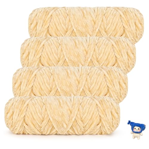 Coopay Samt Chenille Wolle, 400g (4x100g) Velvet Chenillegarn Wolle zum Häkeln&Stricken, Super Flauschige Weicher Babywolle für Kinder, Samtig Chenillewolle für Puppen, Schal, Decke - Beige von Coopay