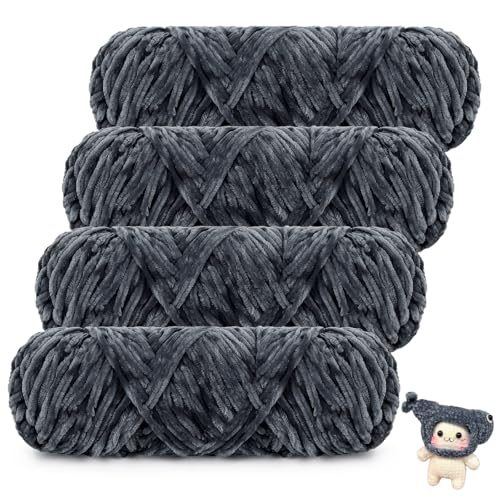 Coopay Samt Chenille Wolle, 400g (4x100g) Velvet Chenillegarn Wolle zum Häkeln&Stricken, Super Flauschige Weicher Babywolle für Kinder, Samtig Chenillewolle für Puppen, Schal, Decke - Dunkelgrau von Coopay