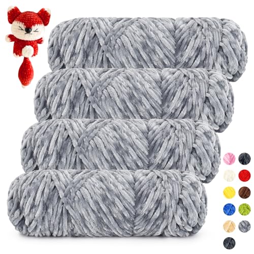 Coopay Samt Chenille Wolle, 400g (4x100g) Velvet Chenillegarn Wolle zum Häkeln&Stricken, Super Flauschige Weicher Babywolle für Kinder, Samtig Chenillewolle für Puppen, Schal, Decke - Hellgrau von Coopay