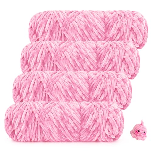 Coopay Samt Chenille Wolle, 400g (4x100g) Velvet Chenillegarn Wolle zum Häkeln&Stricken, Super Flauschige Weicher Babywolle für Kinder, Samtig Chenillewolle für Puppen, Schal, Decke - Hellpink von Coopay