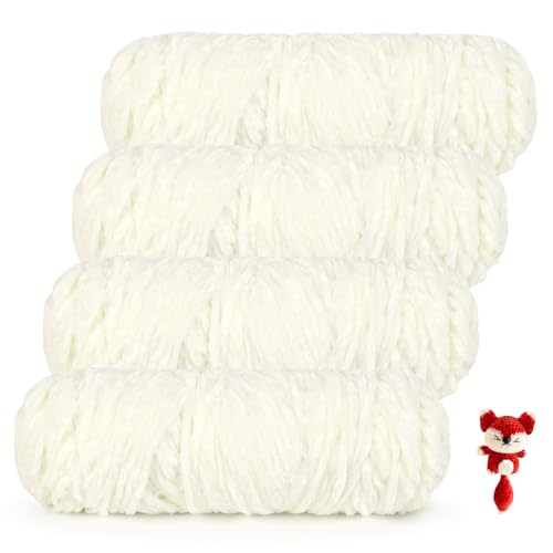Coopay Samt Chenille Wolle, 400g (4x100g) Velvet Chenillegarn Wolle zum Häkeln&Stricken, Super Flauschige Weicher Babywolle für Kinder, Samtig Chenillewolle für Puppen, Schal, Decke - Milchig Weiß von Coopay