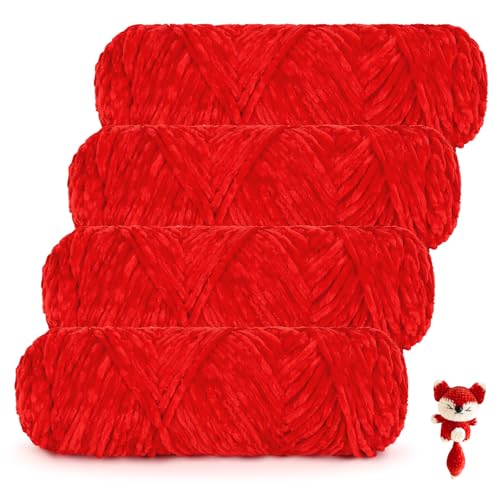 Coopay Samt Chenille Wolle, 400g (4x100g) Velvet Chenillegarn Wolle zum Häkeln&Stricken, Super Flauschige Weicher Babywolle für Kinder, Samtig Chenillewolle für Puppen, Schal, Decke - Rot von Coopay