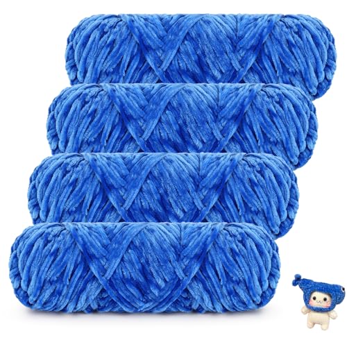 Coopay Samt Chenille Wolle, 400g (4x100g) Velvet Chenillegarn Wolle zum Häkeln&Stricken, Super Flauschige Weicher Babywolle für Kinder, Samtig Chenillewolle für Puppen, Schal, Decke - Saphirblau von Coopay