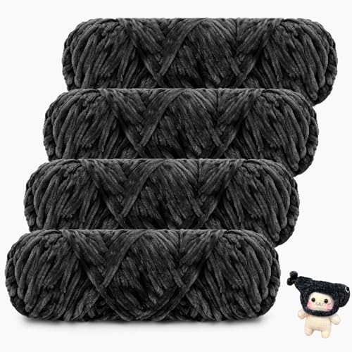 Coopay Samt Chenille Wolle, 400g (4x100g) Velvet Chenillegarn Wolle zum Häkeln&Stricken, Super Flauschige Weicher Babywolle für Kinder, Samtig Chenillewolle für Puppen, Schal, Decke - Schwarz von Coopay